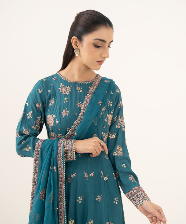 3 Piece - Embroidered Raw Silk Suit