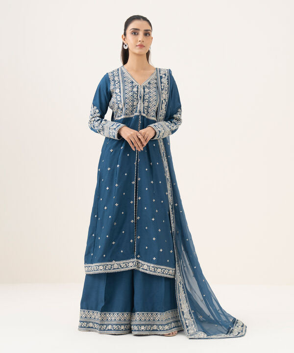 3 Piece - Embroidered Raw Silk Suit