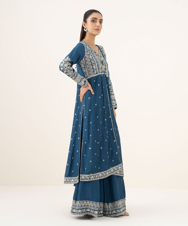 3 Piece - Embroidered Raw Silk Suit