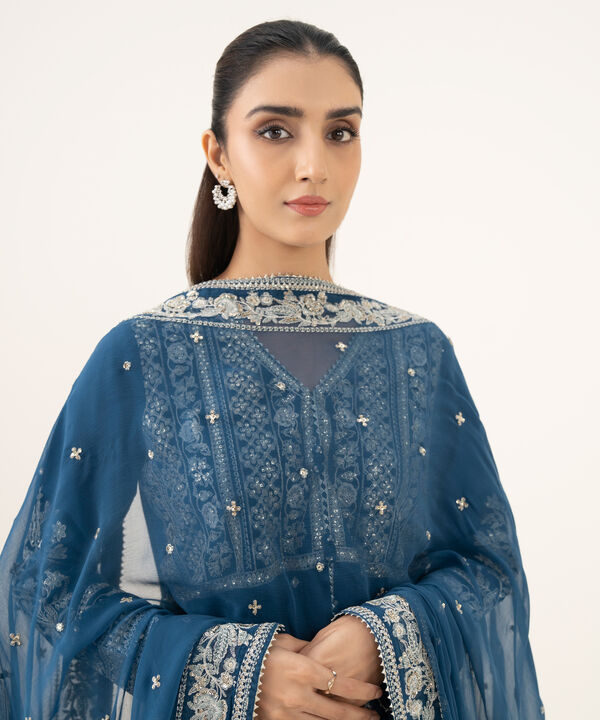 3 Piece - Embroidered Raw Silk Suit