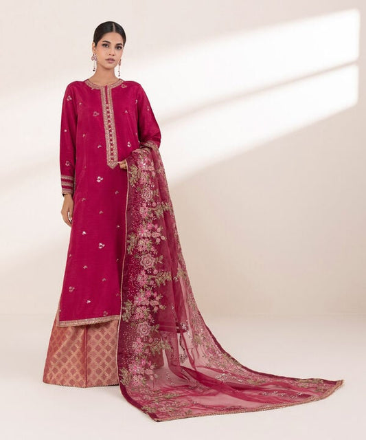 3 Piece - Embroidered Raw Silk Suit (Stitched)