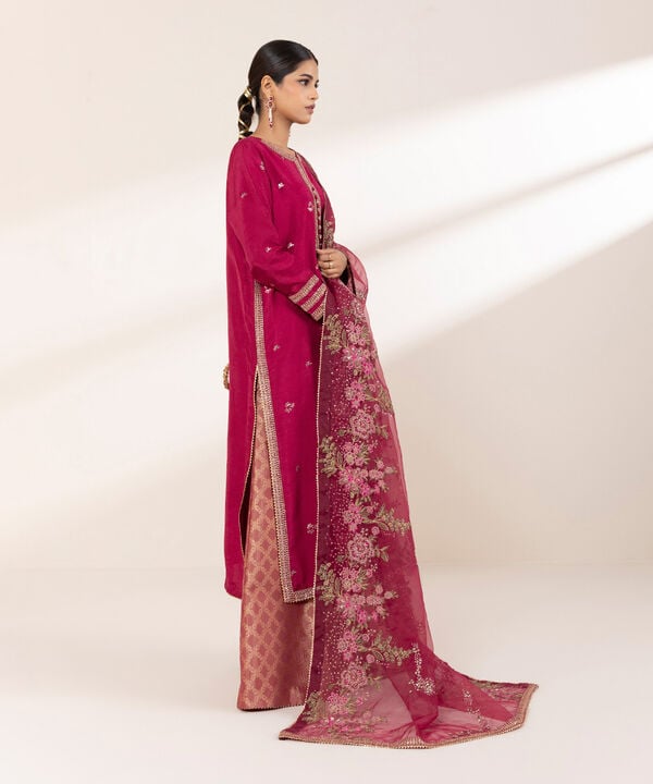 3 Piece - Embroidered Raw Silk Suit (Stitched)