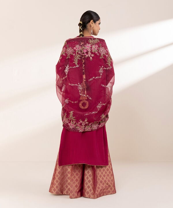 3 Piece - Embroidered Raw Silk Suit (Stitched)