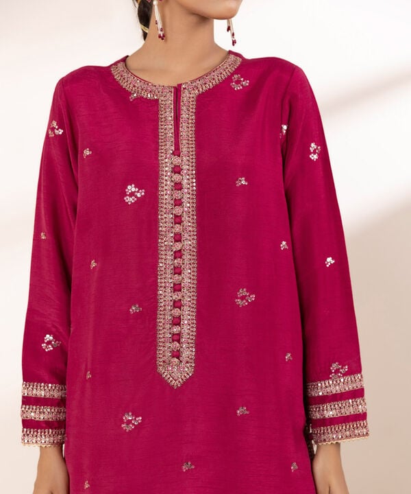 3 Piece - Embroidered Raw Silk Suit (Stitched)