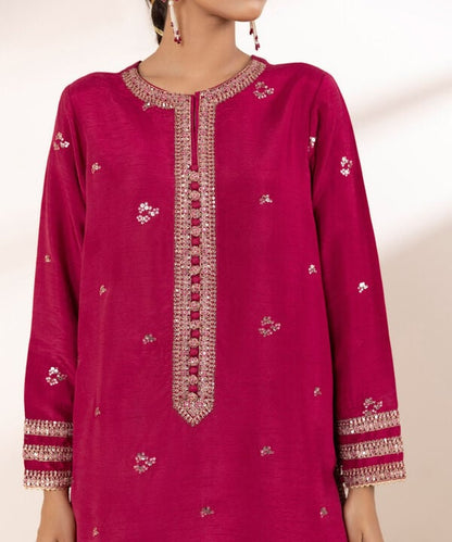 3 Piece - Embroidered Raw Silk Suit (Stitched)