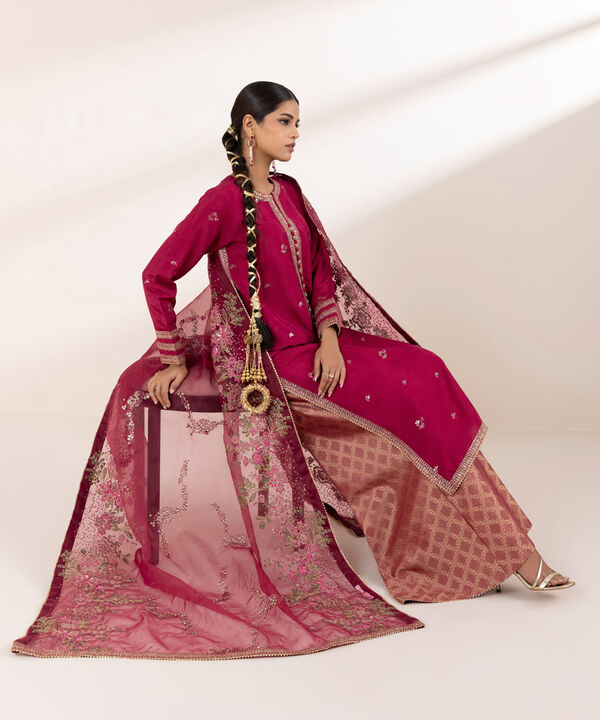 3 Piece - Embroidered Raw Silk Suit (Stitched)