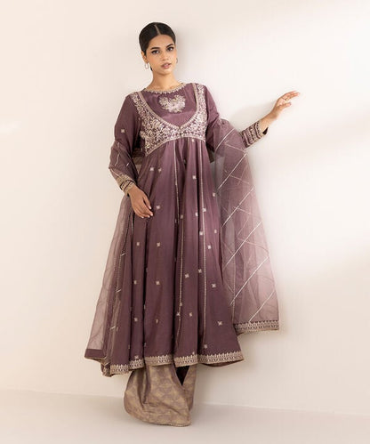3 Piece - Embroidered Raw Silk Suit (Stitched)