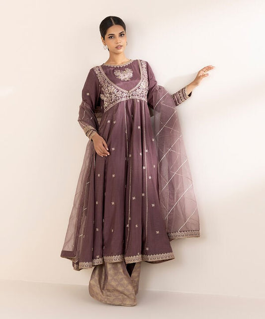 3 Piece - Embroidered Raw Silk Suit (Stitched)