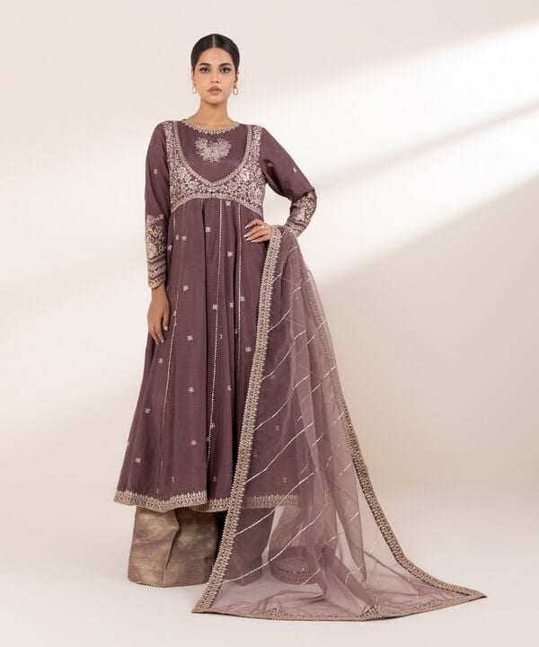 3 Piece - Embroidered Raw Silk Suit (Stitched)