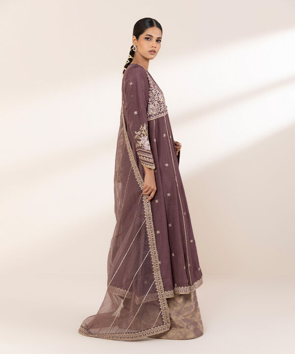 3 Piece - Embroidered Raw Silk Suit (Stitched)