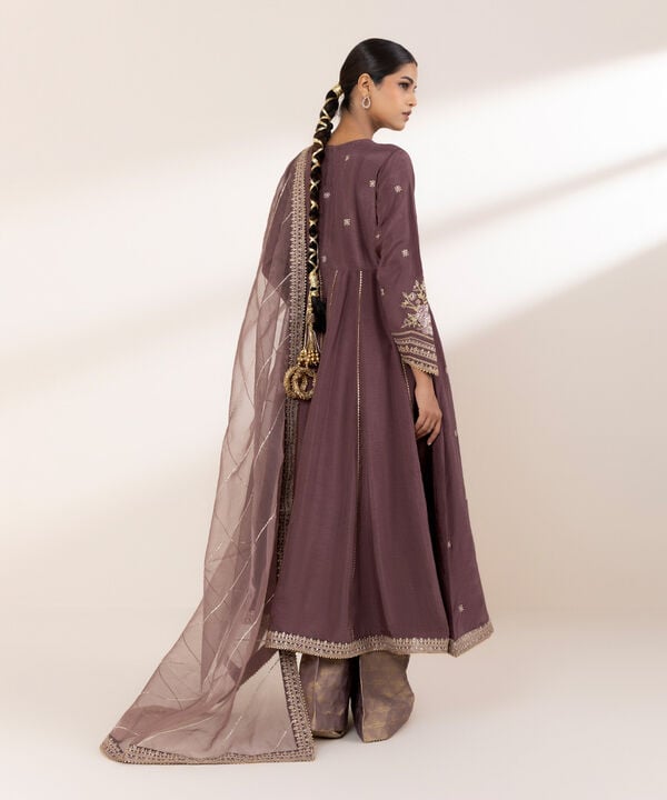 3 Piece - Embroidered Raw Silk Suit (Stitched)