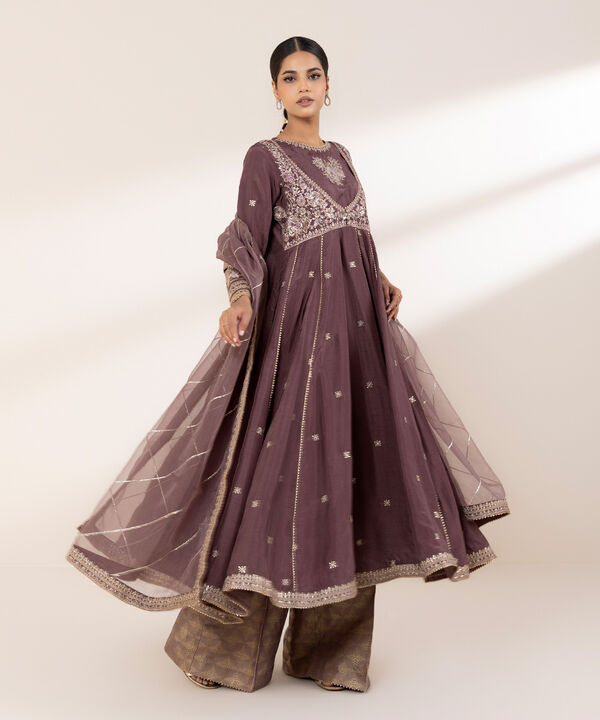 3 Piece - Embroidered Raw Silk Suit (Stitched)