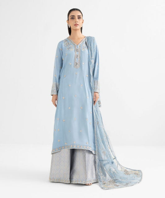 3 Piece - Embroidered Raw Silk Suit