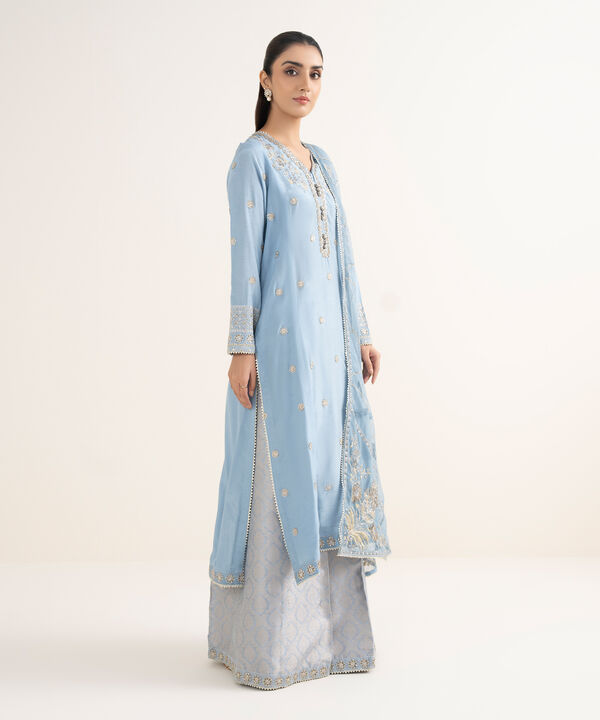3 Piece - Embroidered Raw Silk Suit