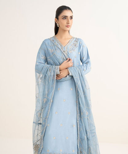 3 Piece - Embroidered Raw Silk Suit
