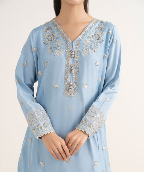 3 Piece - Embroidered Raw Silk Suit