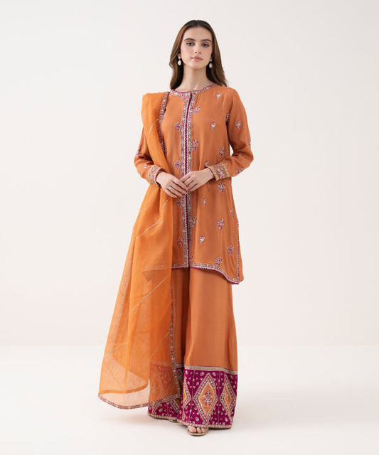 3 Piece - Embroidered Raw Silk Suit