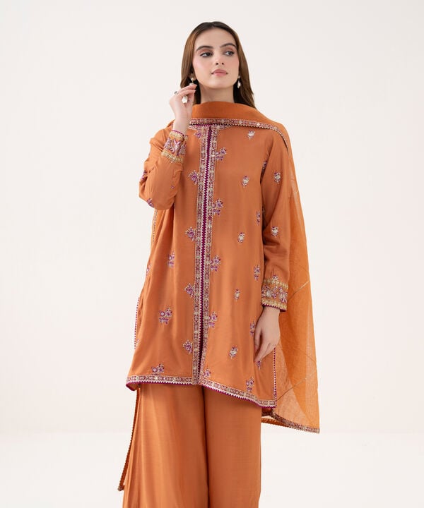 3 Piece - Embroidered Raw Silk Suit