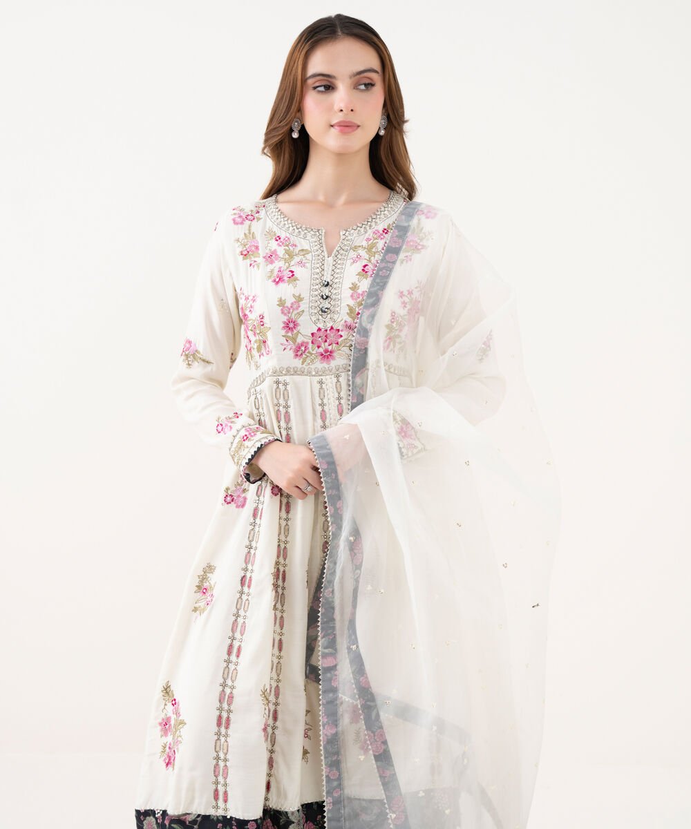 2 Piece - Embroidered Raw Silk Suit