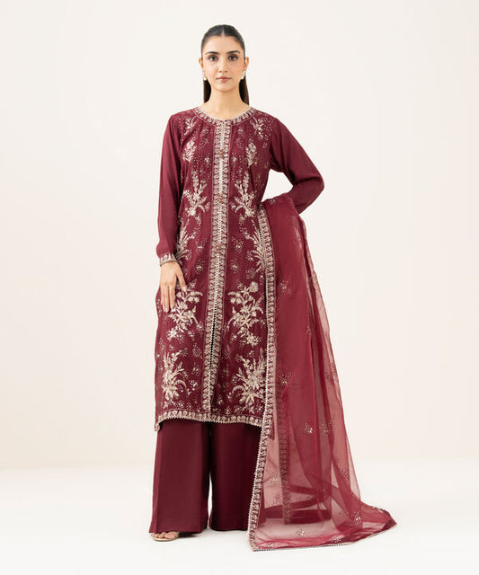 3 Piece - Embroidered Raw Silk Suit