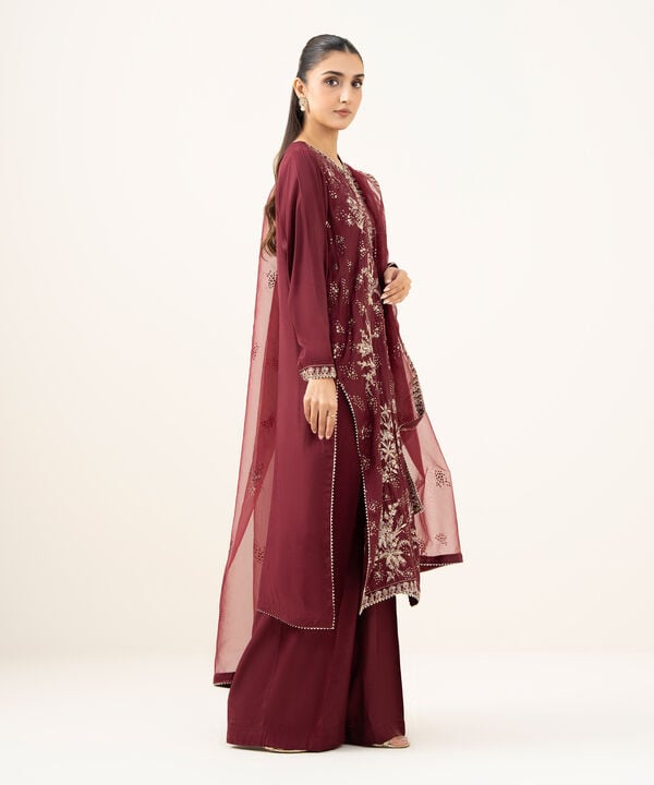 3 Piece - Embroidered Raw Silk Suit