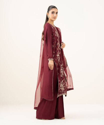 3 Piece - Embroidered Raw Silk Suit