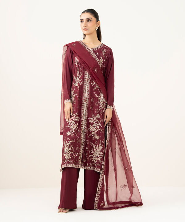3 Piece - Embroidered Raw Silk Suit