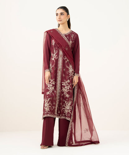 3 Piece - Embroidered Raw Silk Suit