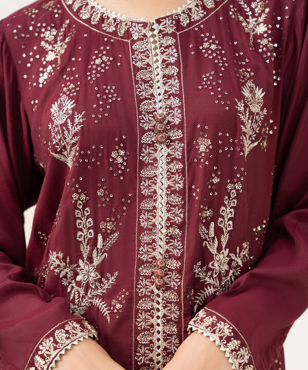 3 Piece - Embroidered Raw Silk Suit
