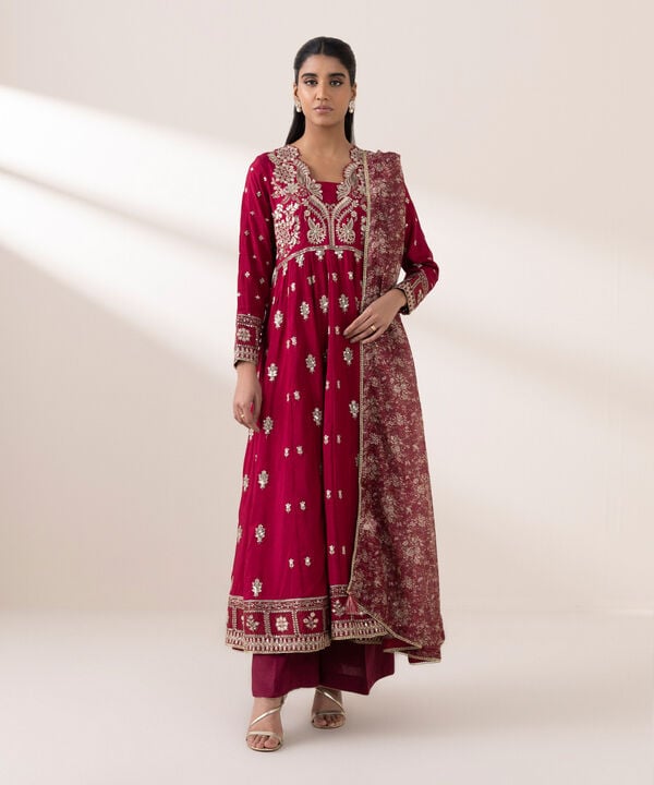 3 Piece - Embroidered Raw Silk Suit (Stitched)