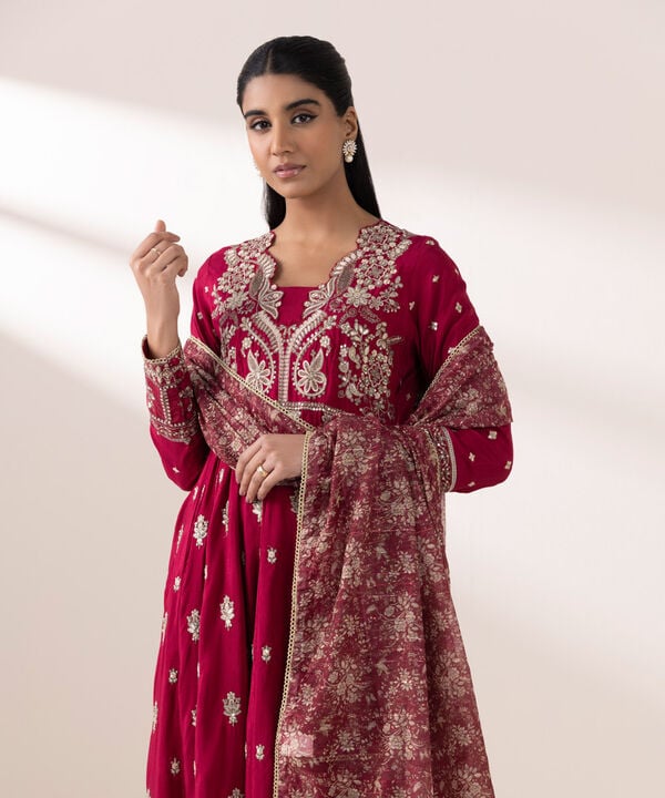 3 Piece - Embroidered Raw Silk Suit (Stitched)