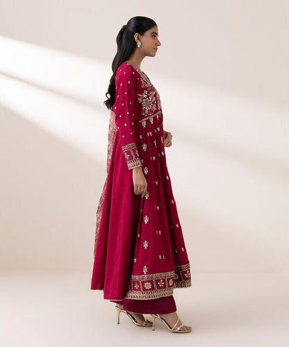3 Piece - Embroidered Raw Silk Suit (Stitched)