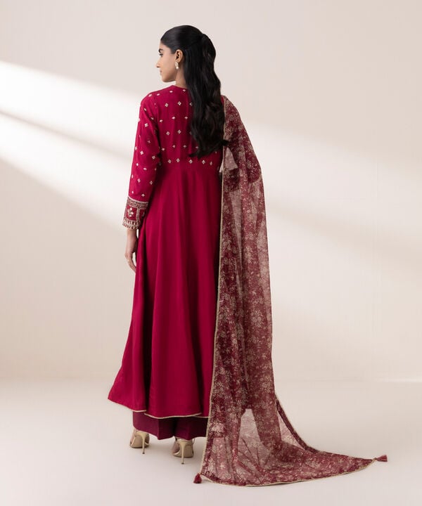 3 Piece - Embroidered Raw Silk Suit (Stitched)