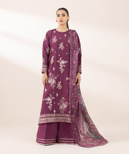 3 Piece - Embroidered Raw Silk Suit (Stitched)