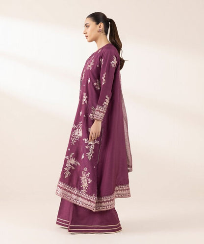 3 Piece - Embroidered Raw Silk Suit (Stitched)