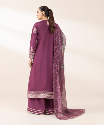 3 Piece - Embroidered Raw Silk Suit (Stitched)