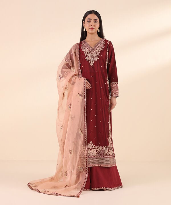 3 Piece - Embroidered Cotton Net Suit (Stitched)