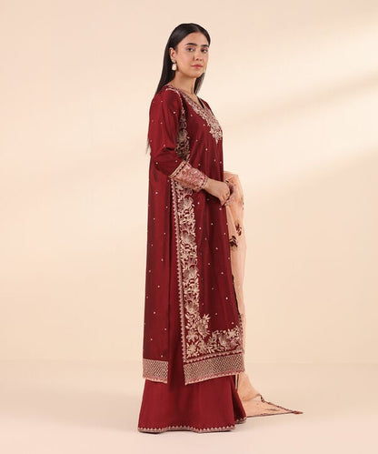 3 Piece - Embroidered Cotton Net Suit (Stitched)