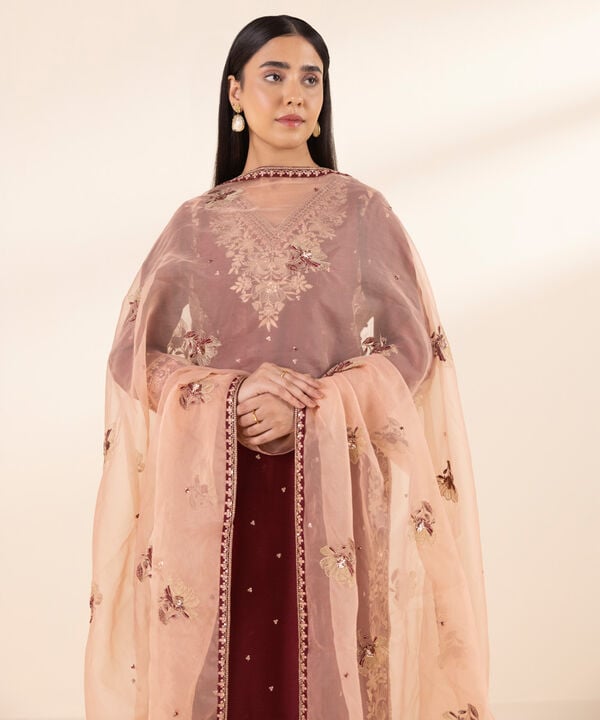 3 Piece - Embroidered Cotton Net Suit (Stitched)