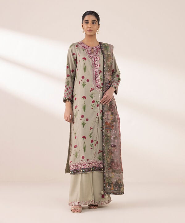 3 Piece - Embroidered Raw Silk Suit (Stitched)