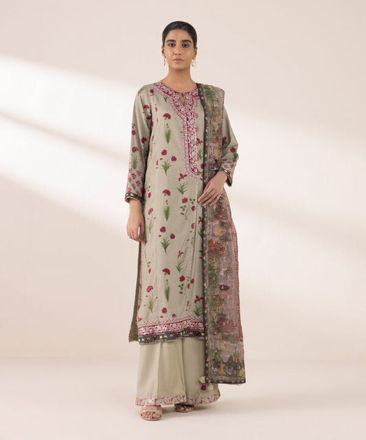 3 Piece - Embroidered Raw Silk Suit (Stitched)