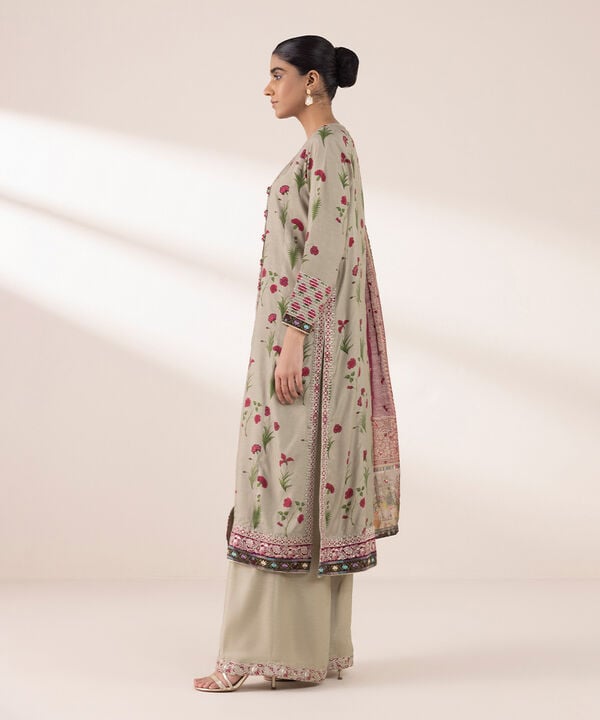 3 Piece - Embroidered Raw Silk Suit (Stitched)