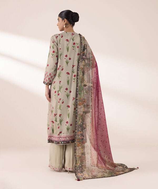 3 Piece - Embroidered Raw Silk Suit (Stitched)