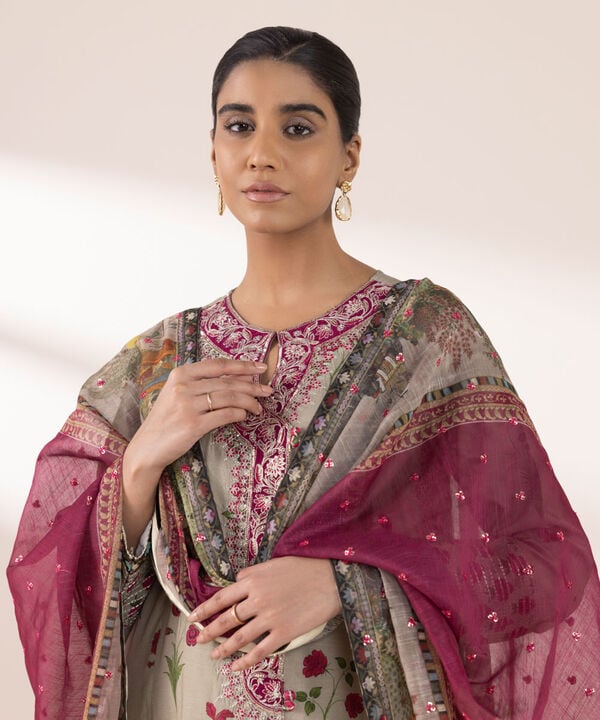 3 Piece - Embroidered Raw Silk Suit (Stitched)