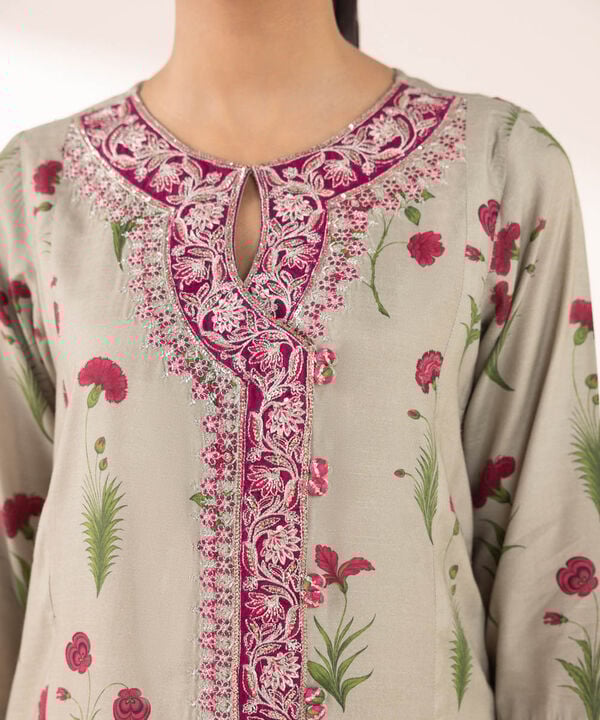 3 Piece - Embroidered Raw Silk Suit (Stitched)