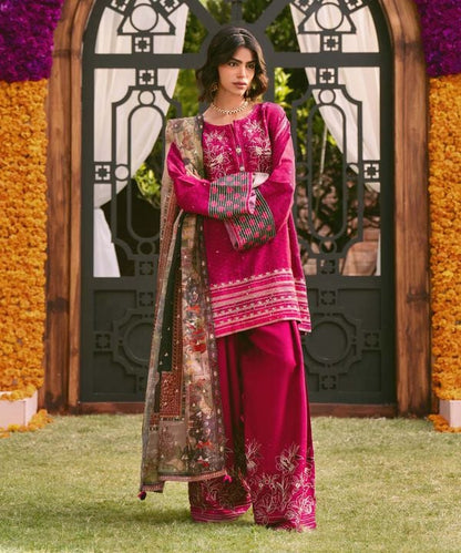 3 Piece - Embroidered Raw Silk Suit (Stitched)
