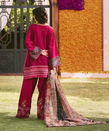 3 Piece - Embroidered Raw Silk Suit (Stitched)