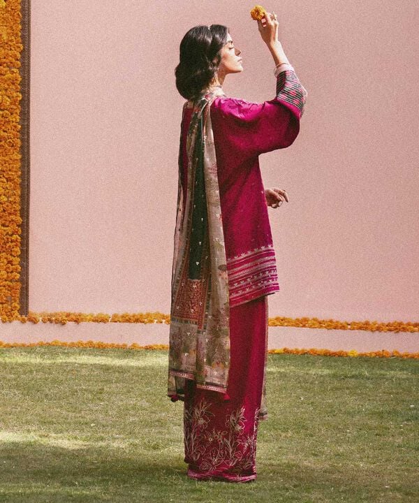 3 Piece - Embroidered Raw Silk Suit (Stitched)