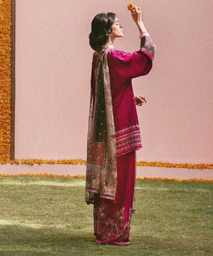 3 Piece - Embroidered Raw Silk Suit (Stitched)