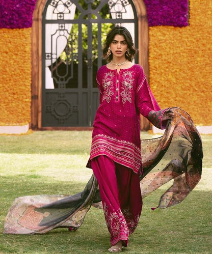 3 Piece - Embroidered Raw Silk Suit (Stitched)